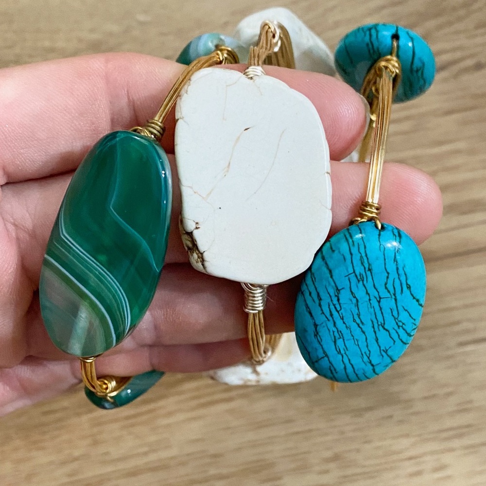 3 Semi Precious Stone Gold Bangle Bracelet Wire